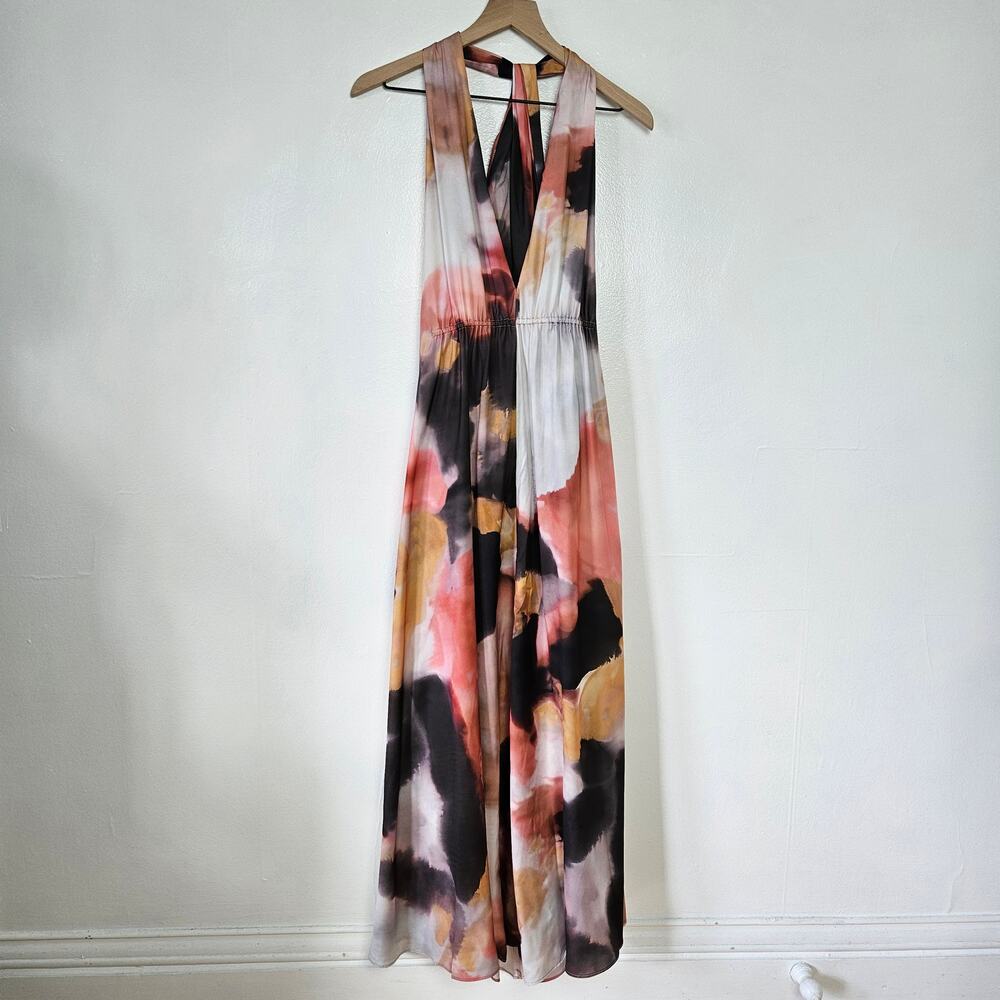NEW Edition Asos Watercolor Print Satin Halter Maxi Dress 4 Pink‎ Black Tan NWT